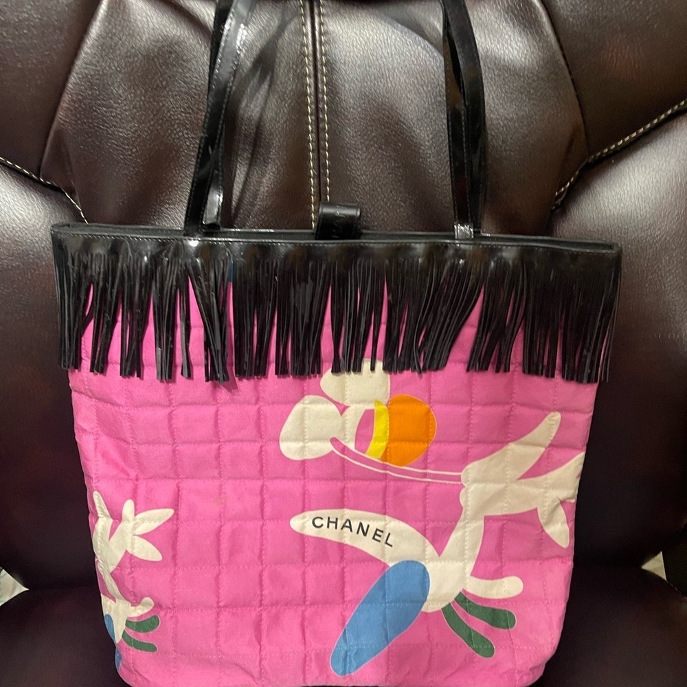 CHANEL vintage Pink Quilted Tote with Black Fringe and Colorful Accents